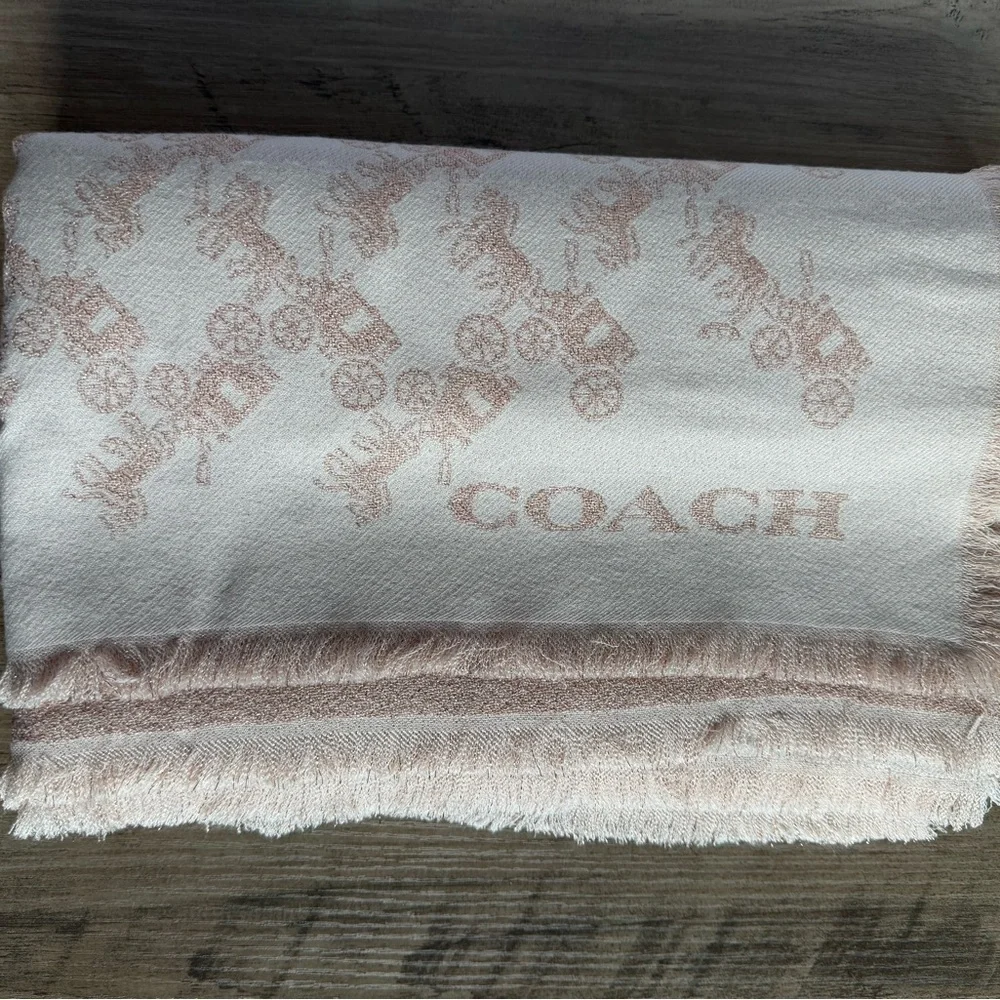 NWT Coach Horse And Carriage Print large scarf Shawl metallic pink C6364